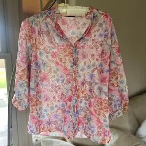 Nikki Women's L/XL Blouse Pink Floral 90s Vintage Button Up